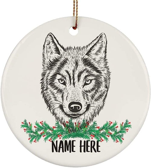 Personalized Name Wolf Gifts  Christmas Tree Ornaments Circle Ceramic