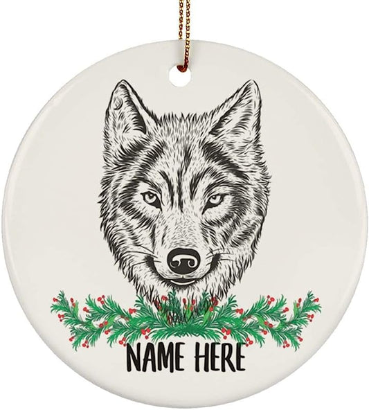 Personalized Name Wolf Gifts  Christmas Tree Ornaments Circle Ceramic