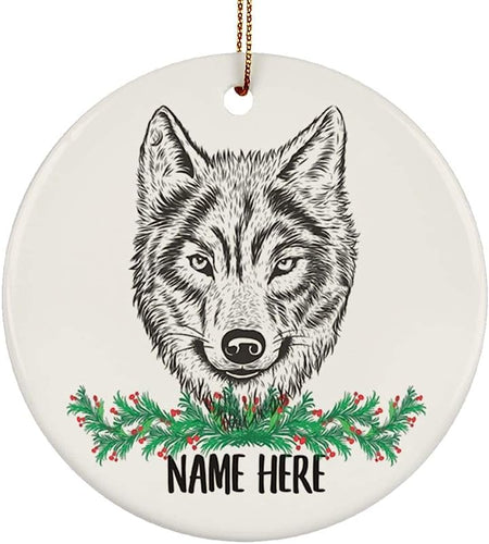 Personalized Name Wolf Gifts  Christmas Tree Ornaments Circle Ceramic