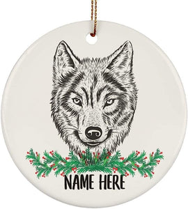 Personalized Name Wolf Gifts  Christmas Tree Ornaments Circle Ceramic