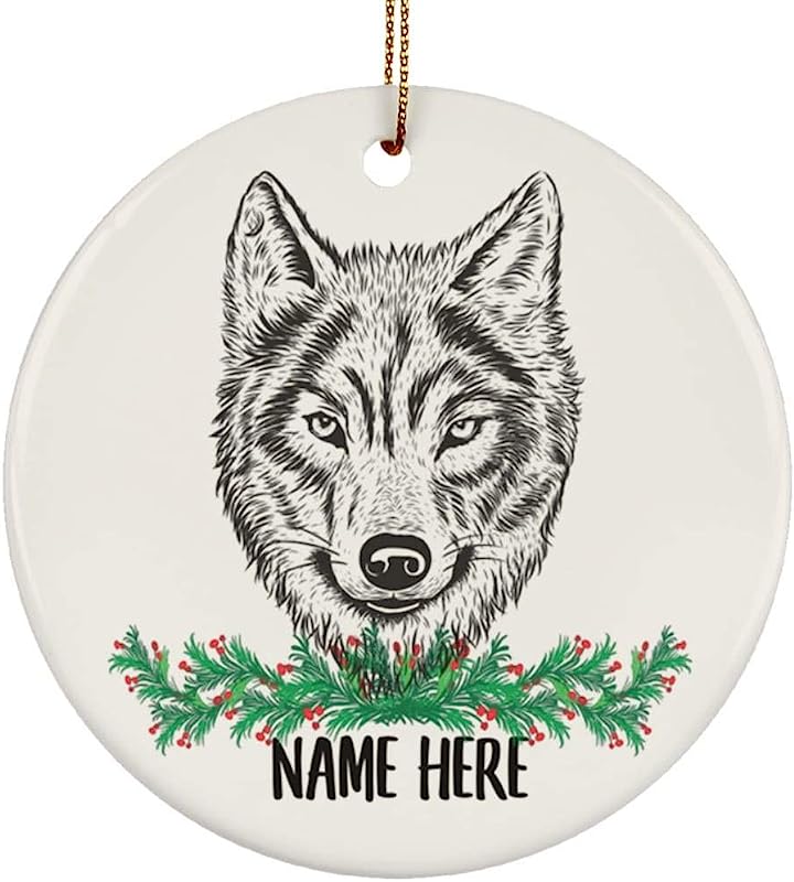 Personalized Name Wolf Gifts  Christmas Tree Ornaments Circle Ceramic