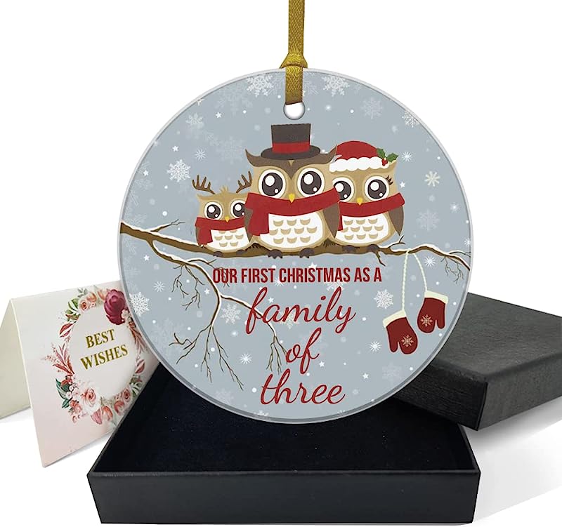 Our First Christmas As A Family Of Three Ornaments Owls Family 1St Christmas Ornament Winter For Baby New Parents 3" Circle Ceramic Ornament With Gold Ribbon & Gift Box