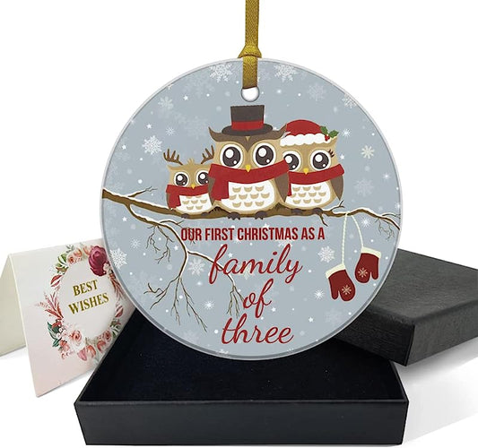 Our First Christmas As A Family Of Three Ornaments Owls Family 1St Christmas Ornament Winter For Baby New Parents 3" Circle Ceramic Ornament With Gold Ribbon & Gift Box