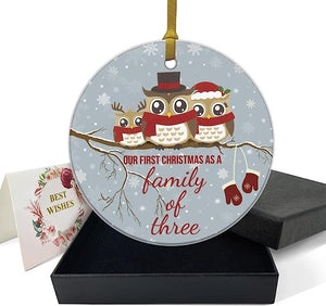 Our First Christmas As A Family Of Three Ornaments Owls Family 1St Christmas Ornament Winter For Baby New Parents 3" Circle Ceramic Ornament With Gold Ribbon & Gift Box