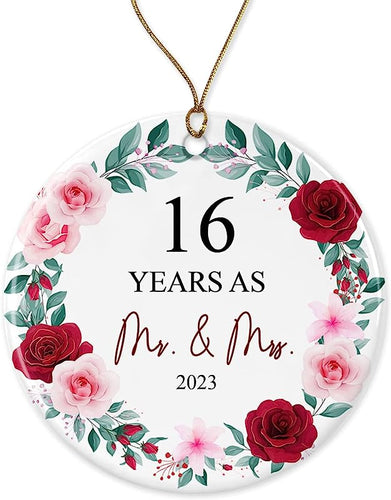 16 Years As Mr. & Mrs. Christmas Ornament  - Christmas Ornament Gift For 16 Years Couple Husband & Wife Married - Holiday Decoration Gift For 16Th Wedding Anniversary Printed On Both Sides