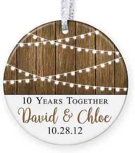 Anniversary Gift For Her, Rustic Personalized Christmas Ornament For Married Couple With Names, 1St 2Nd 5Th 10Th 20Th - 3" Flat Circle Farmhouse Porcelain Ornament - Gold & Silver Ribbon   Pgm-Or-61