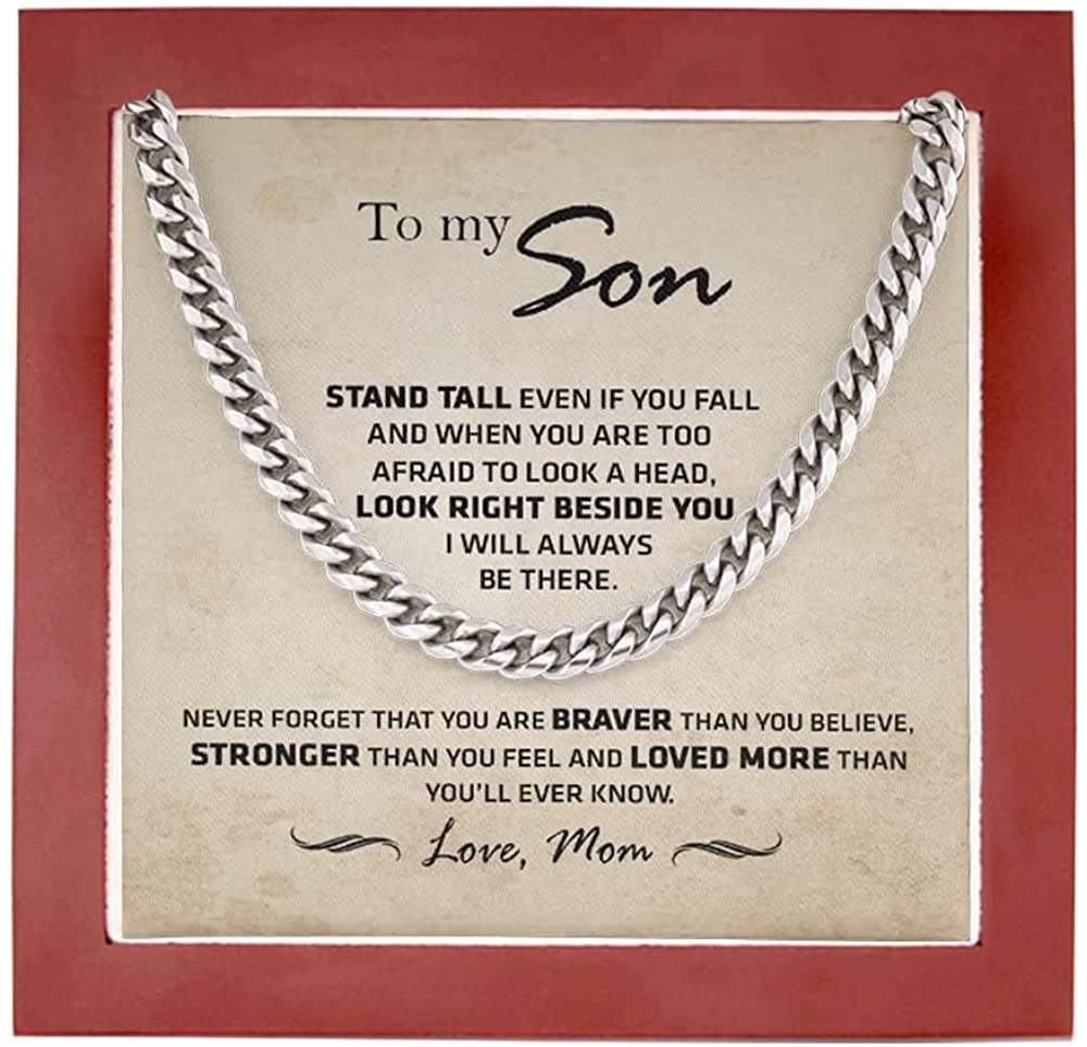 To My Son from Mom Necklace Stand tall even if you fall - Son Jewelry, Cuban Chain Necklace for Son, Mother to Son Gifts