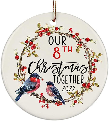 Our 8Th Christmas Together  Christmas Ornament Birds Couple Tree Decoration Accessories, Anniversary 8 Years Marriage, Gift For Parent, Mom, Dad, Ceramic Ornament - Round