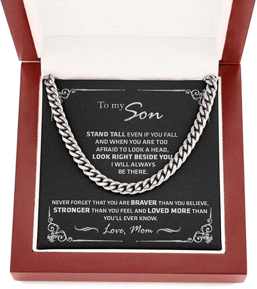 To My Son from Mom Necklace Look Right Beside You - Necklace Gift for Son from Mom, Cuban Chain Necklace for Son,Birthday