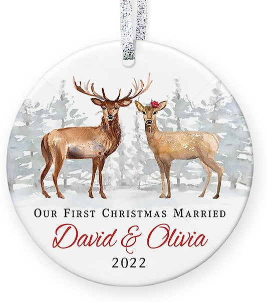 Personalized First Christmas Married Ornament , Watercolor Deer Family With Names, 1St Xmas Married Gift For Newlyweds - 3" Flat Circle Porcelain Ornament - Gold & Silver Ribbon   Pgm-Or-55A