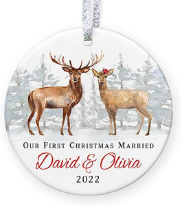 Personalized First Christmas Married Ornament , Watercolor Deer Family With Names, 1St Xmas Married Gift For Newlyweds - 3" Flat Circle Porcelain Ornament - Gold & Silver Ribbon   Pgm-Or-55A