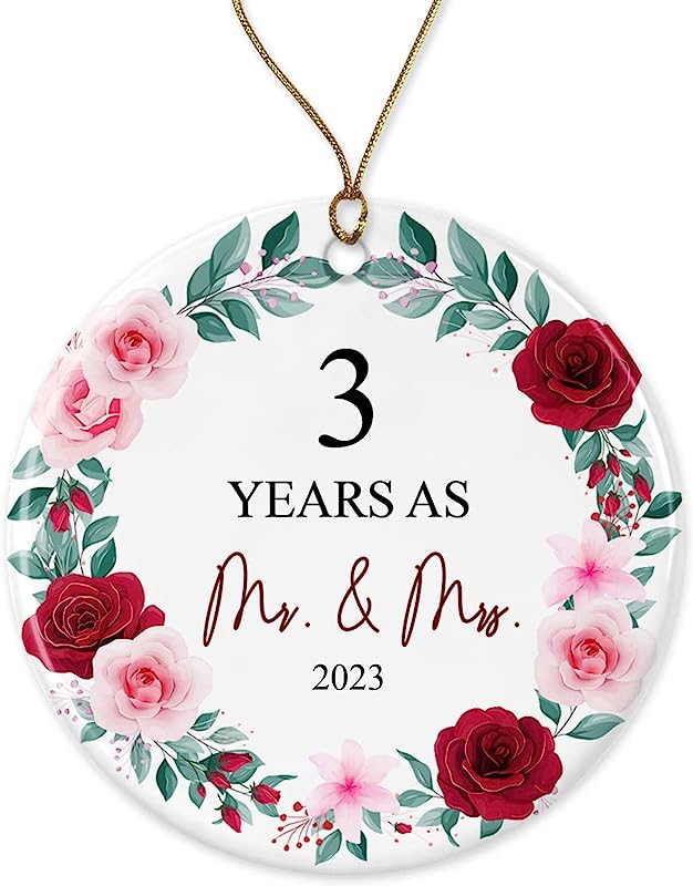 3 Years As Mr. & Mrs. Christmas Ornament  - Christmas Ornament Gift For 3 Years Couple Husband & Wife Married - Holiday Decoration Gift For 3Rd Wedding Anniversary Printed On Both Sides