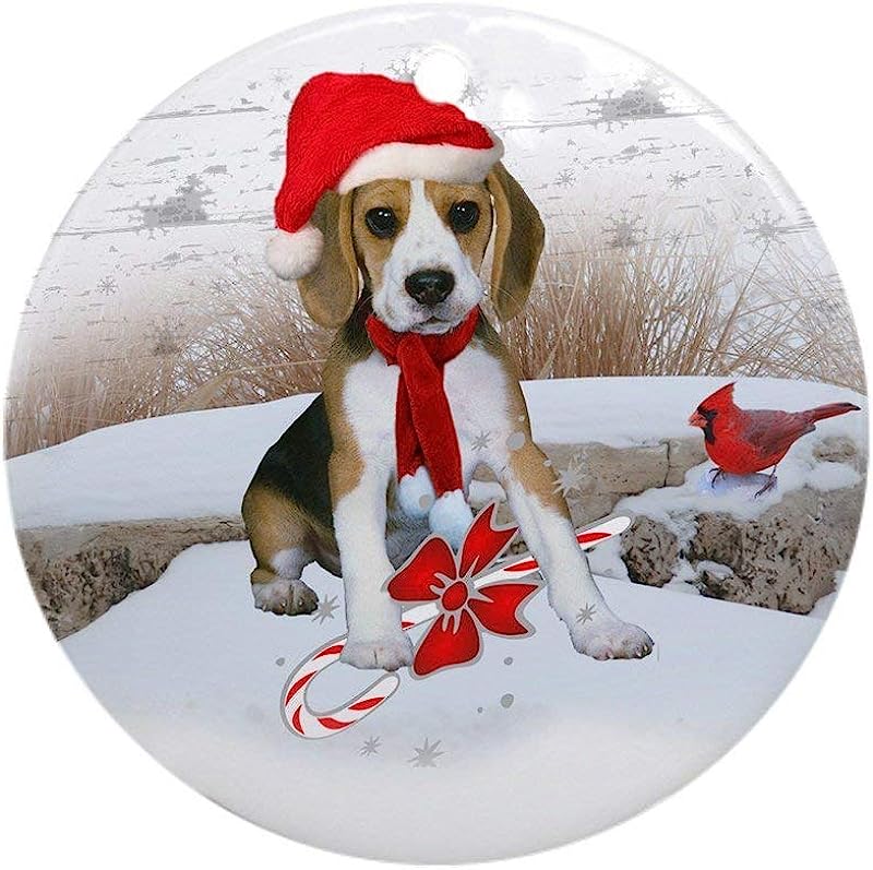 Fangzhuruiw Unique Ceramic Pendant -Beagle Christmas Scene Ornament (Round) Round Holiday Christmas Ornament boutique Christmas Tree Decoration,The Best Gift.