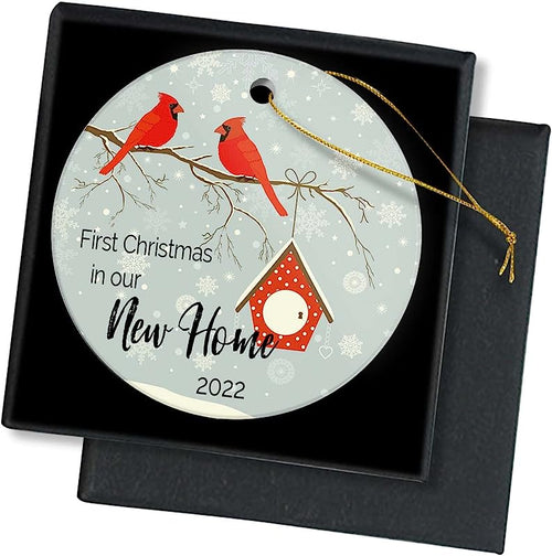 First Christmas In Our Home  Christmas Tree Snow House Red Bird Ornament Gift For Newlywed Couple New Home Round Ceramic Christmas Tree Ornament Decoration 3 Inch Xmas Present