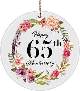 65Th Wedding Anniversary Christmas Ornament - Happy 65 Year Anniversary For Couples Parents Husband Wife Marriage Party - Round Shaped Circle Ceramic
