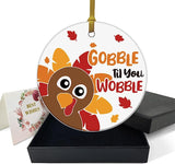 Fall Thanksgiving Tree Ornaments Gobble Till You Wobble Thanksgiving Home Office Tree Decorations Sign Round Plaque Gifts For Turkey 3" Circle Ceramic Ornament With Gold Ribbon & Gift Box