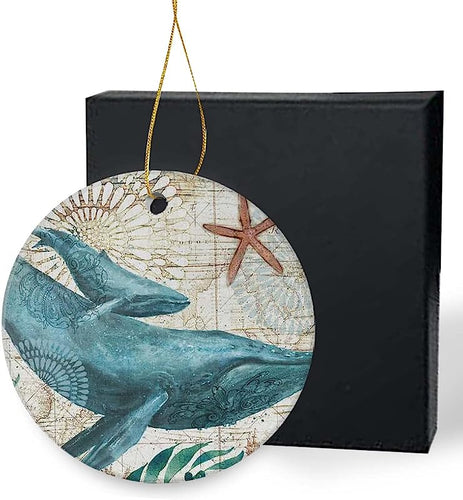 Hanging Christmas Tree Ornaments 3 Inch, Vintage Nautical Map Whale Starfish Aquatic Ocean Print