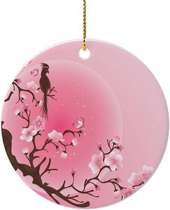 Cherry Blossom Tree With Bird Japanese Art Christmas Ornaments Round Ceramic 3" For Tree Home Decoration Keepsake First For New Couples Kids Friends Men Women Family Girls