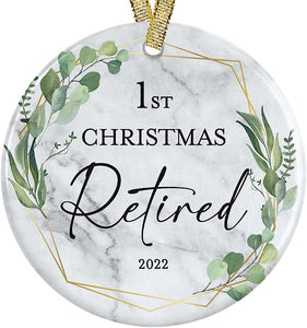 First Christmas Retired Retirement Marble  Ceramic Christmas Ornament, Retiring From Job Present Idea + Free Gift Box And Ribbon