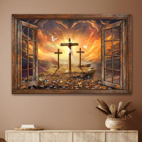Window Frame Sunset Painting Path To Heaven Cross Jesus - Matte Canvas