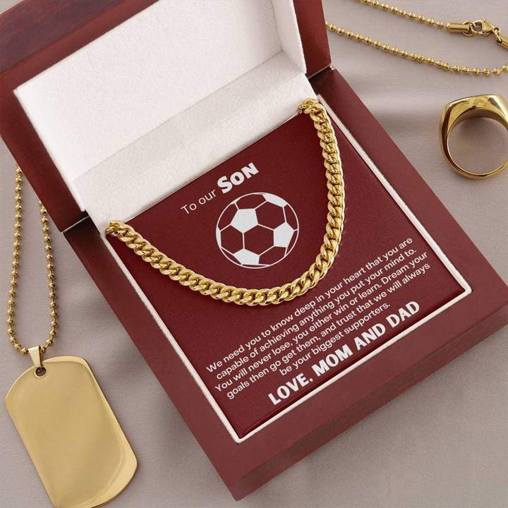 To Our Soccer Crazy Son Necklace - Dream Your Goals Then Go Get Them - Cuban Link Chain Necklace