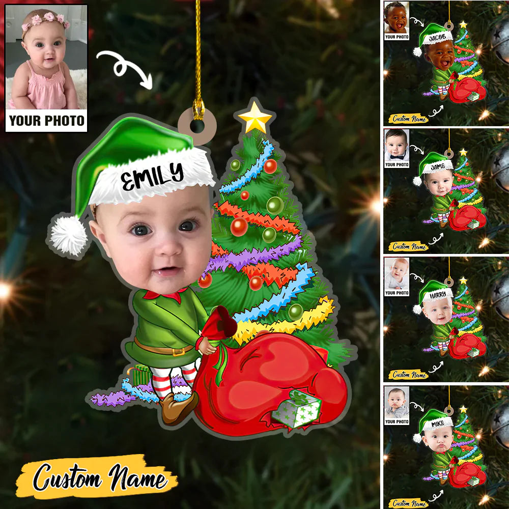Baby Elf And Christmas Tree Custom Photo With Name Ornament CTH01