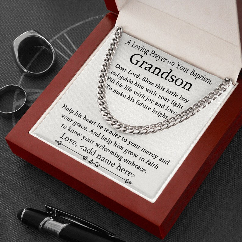 Grandson Baptism Necklace Gift, Christening Gift for Grandson, Cuban Link Chain Necklace For Grandson, Sentimental Baptism Gift For Boy - TGV
