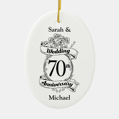 70Th Wedding Anniversary Flowers Black And White Ceramic Ornament