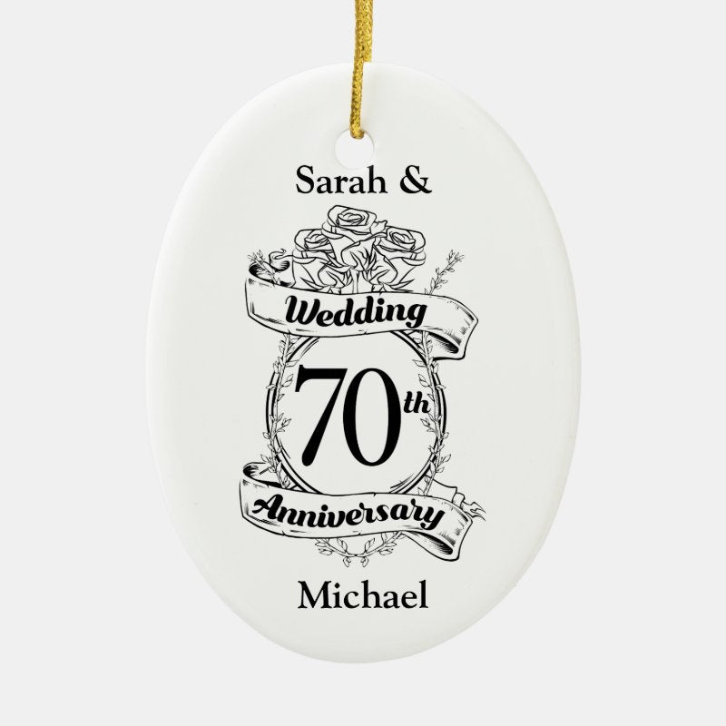 70Th Wedding Anniversary Flowers Black And White Ceramic Ornament