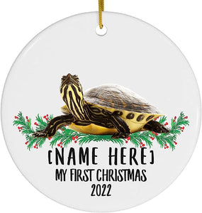 Personalized Name Custom Year Yellow-Bellied Slider Turtle Gifts For Pet Owner My First  Christmas Tree Ornament Circle Ceramic White