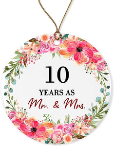 Ten Years Married Mr. Mrs. Christmas Ornament Keepsake Gift 10Th Wedding Gift Wedding Anniversary Husband Wife Gift Ceramic Holiday Both Sides