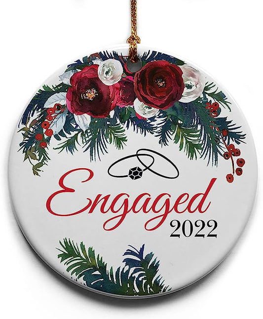 Engaged Ceramic Christmas Tree Ornament Collectible Holiday Keepsake 2.875" Round Ornament In Decorative Gift Box With Bow For The Newly Engaged Couple!