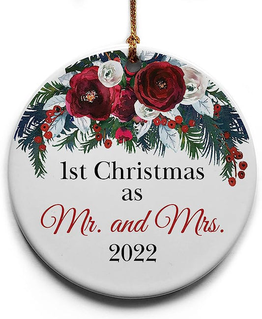 1St Christmas As Mr. And Mrs. Ceramic Christmas Tree Ornament Collectible Holiday Keepsake 2.875" Round Ornament In Decorative Gift Box With Bow- Perfect 1St Wedding