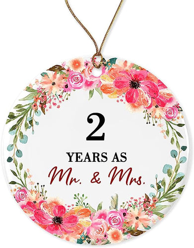 Two Years Married Mr. Mrs. Christmas Ornament Keepsake Gift 2Nd Wedding Gift Wedding Anniversary Husband Wife Gift Ceramic Holiday Both Sides, White