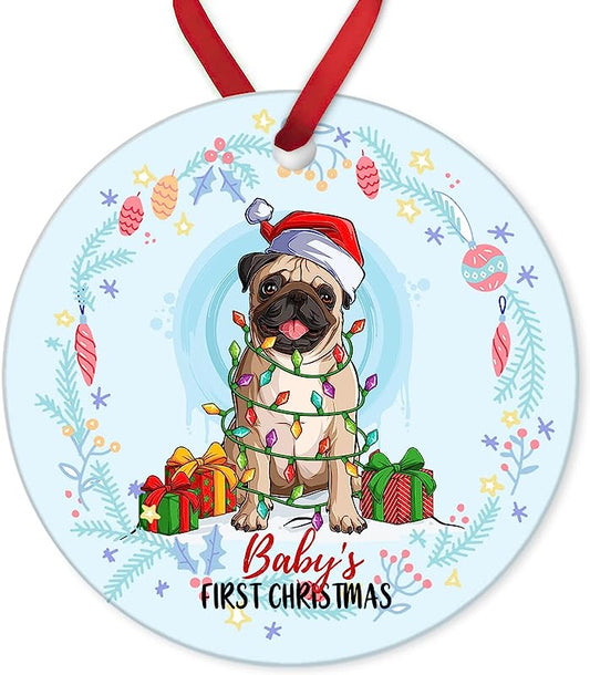 Aroggeld Pug Baby First Christmas Round Ceramic Ornament Wreath Christmas Flat Porcelain Keepsake For Baby New Parents Xmas Tree Decorations Gift Double-Sided White-Style 3 Inch