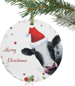 Christmas Ornaments Farm Christmas Berries Round Ceramic Decorative Hanging Ornaments Cow In Christmas Hat Animal Snowflake Xmas Tree Decorations Ornaments For Christmas Trees