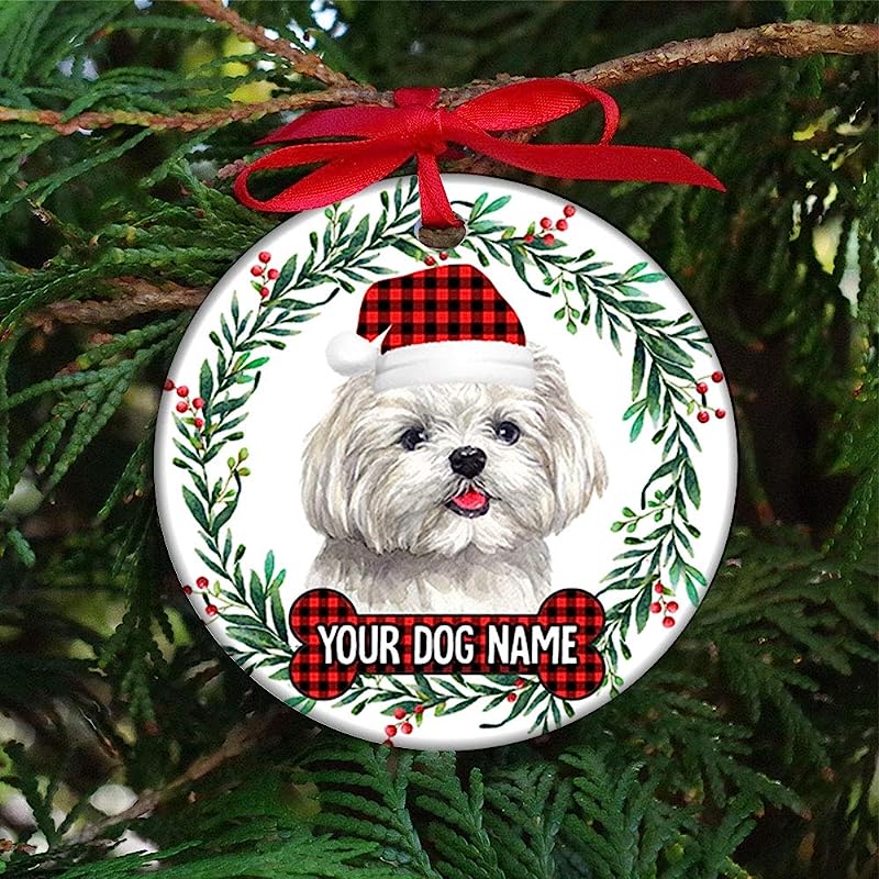 Maltese Name Customize Christmas Dog Lovers Holiday Personalized Customized Name Ornaments Decorating Custom Circle Ornament For Family