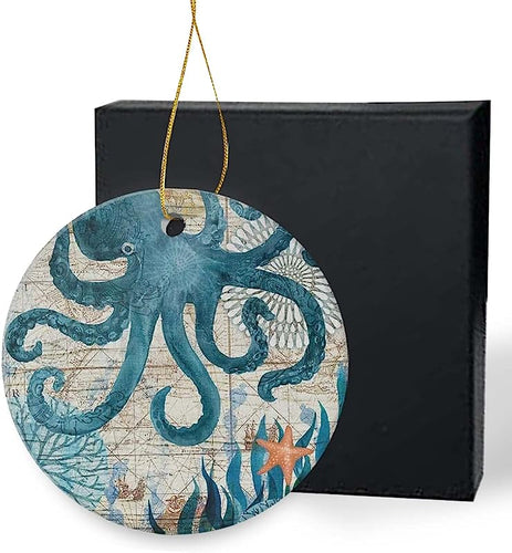 Hanging Christmas Tree Ornaments 3 Inch, Vintage Nautical Map Octopus Starfish Aquatic Ocean Print
