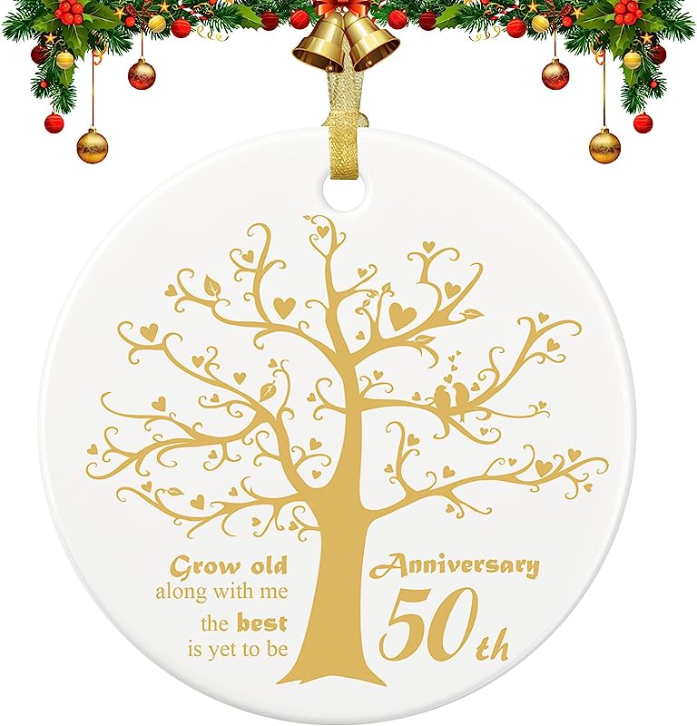 50 Years Anniversary Ornament,  Christmas Hanging Ornament, 50Th Years Couple Gifts For Wedding Anniversary, 50Thhusband&Wife Married Decoration,  Couple Christmas Ceramic Ornament With Ribbon