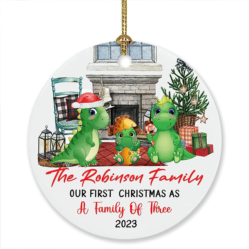 Personalized Our First Christmas As A Family Of Three Ornament Xmas , New Parents Baby Dinosaur Ornament Gift, Custom Name Family 3 Dinosaur Year Ornament, 1St Xmas Family Of 3 Ornament Christmas