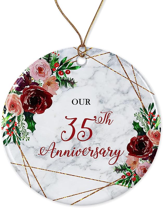 35Th Wedding Anniversary Ornament Gift - Christmas Thirtyfifth Year Couple Married Gift Ceramic Holiday Decoration Present Porcelain 3 Flat Both Sides White