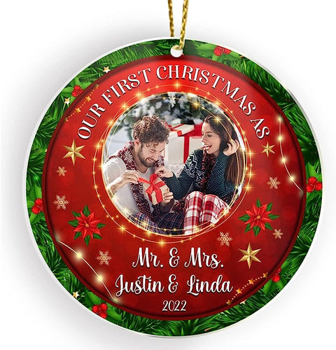 Personalized Mr Mrs Couple Clear Ornament With Custom Name Photo Customized White Acrylic For Newlywed New Year Hanging Ornaments Xmas Pine Tree Decoration