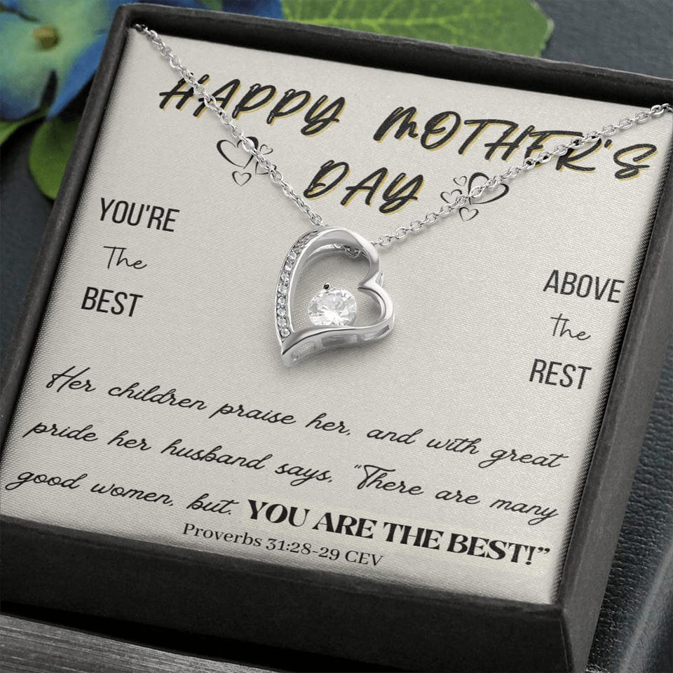 HAPPY MOTHER'S DAY Necklace Gift for Mom Forever Love Necklace With Message Card 14k White Gold Finish / Standard Box