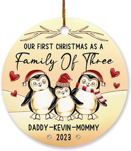 Family Of Three Ornament Gift, Penguin Family Of 3 Christmas Ornament Gift For New Dad Mom Baby, Personalized Our First Christmas As A Family Of 3 Ornament , Custom Names Penguin Ornaments