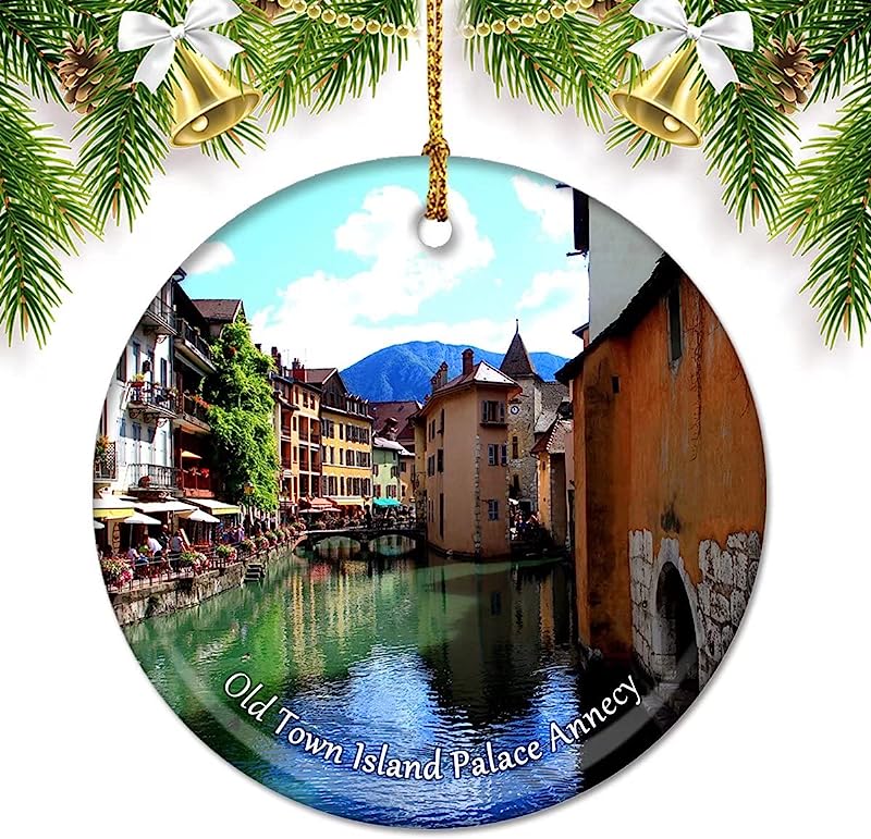 France Old Town Island Palace Annecy Christmas Ornaments For Tree Ceramic Pendant Double Sided Ornament Decor Xmas Gifts Porcelain Travel Souvenirs