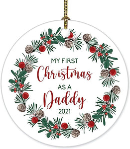 My First Christmas As A Daddy Christmas Ornaments New Father 1St Time Ornament Gifts Xmas Tree Hanging Decoration For New Year Holiday 3 Inch Flat Ceramic Ornament