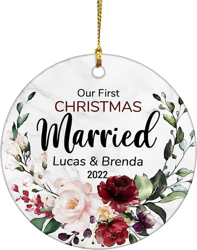 Our First Christmas Married Ornament  Ceramic, Personalized Couple Name Christmas Ornaments Keepsake, Christmas Decoration Ornaments Gift For Newlyweds Engaged Couple Husband Wife (03)