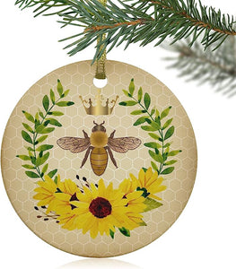 Christmas Ornament, Vintage Bee Sunflowers Green Leaves 3 Inch Round Ceramics Tree Hanging Christmas Decorations, Double Sided Ornaments Indoor Home Decor Geometry Cube