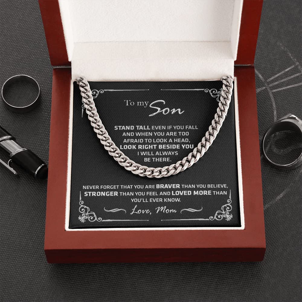 To My Son from Mom Necklace Look Right Beside You - Necklace Gift for Son from Mom, Cuban Chain Necklace for Son,Birthday