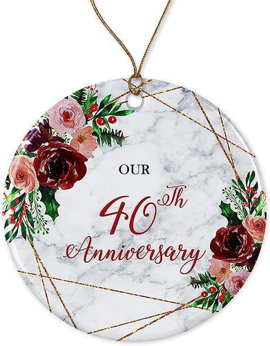 40Th Wedding Anniversary Ornament Gift - Christmas Fortieth Year Couple Married Gift Ceramic Holiday Decoration Present Porcelain 3 Flat Both Sides